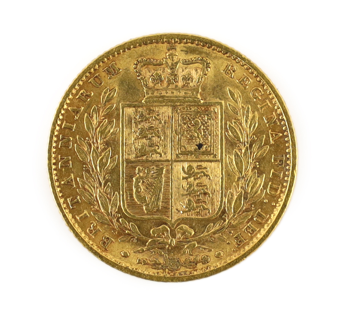 British gold coins, Victoria sovereign 1857 C over blundered T, Fine